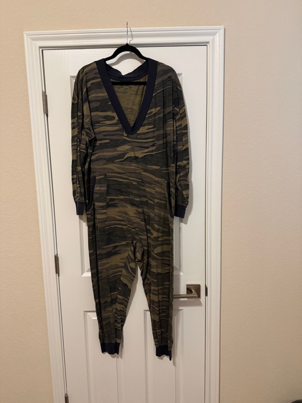 NATURAL LIFE Olive Camo Deep V-Neck Romper with Navy Trim